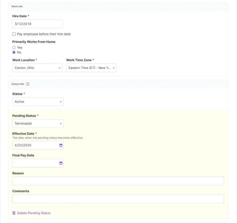 example of employee status and future status change